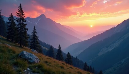 Obraz premium Misty sunrise paints ancient conifers on Romanian mountain slopes , landscape, mist