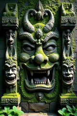 Obraz premium Moss-covered Balinese wall, carved demon faces, mythology, stone wall