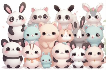 Naklejka premium Adorable cartoon animals, bunnies, pandas, cats, and kittens, group portrait.