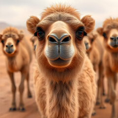 Obraz premium Behold, mesmerizing spectacle of a majestic caravan of camels traversing boundless expanse of desert,