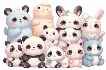 Naklejka premium Adorable cartoon pandas, bunnies, and other animals huddled together.