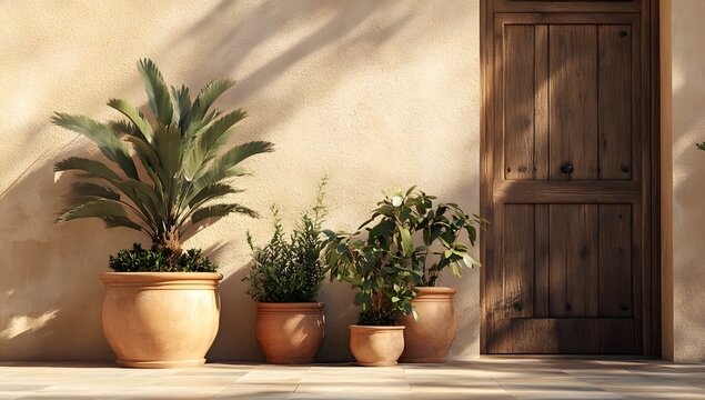Sunny patio plants terracotta pots wooden door