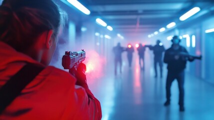 Woman aiming gun, SWAT team, futuristic corridor