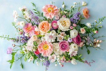 Charming spring flower bouquet on pastel blue table for international women s day greeting card
