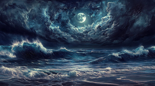A surreal ocean scene, massive rolling waves crashing onto shore, swirling dark clouds overhead