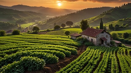 Landscape photograph capturing a lush agricultural scene at sunset.