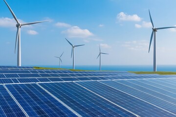 green technology theme with wide view of solar panels on sunny day wind turbines gently rotating in distance and expansive