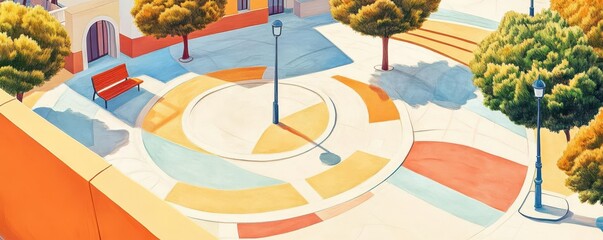 Expressionist public plaza with bold colors and forms flat design top view community theme cartoon drawing colored pastel
