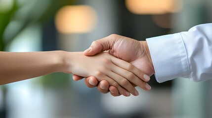 A person engaging in a firm handshake with another individual, signifying agreement, friendship, and professionalism