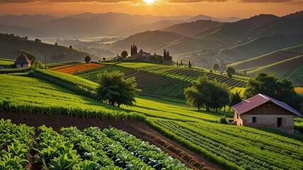 Landscape photograph capturing a lush agricultural scene at sunset.