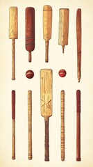 Different Antique Cricket Bats And Red Balls Are Presented Here