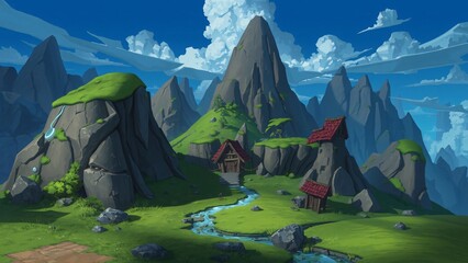 Idyllic Mountain Village Landscape Cartoon Style Illustration
