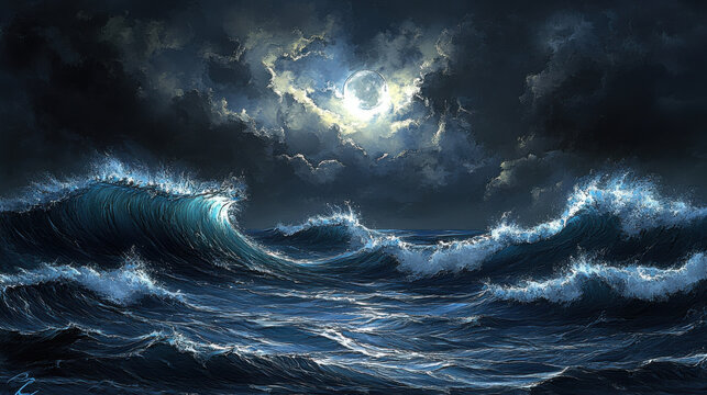 A surreal ocean scene, massive rolling waves crashing onto shore, swirling dark clouds overhead