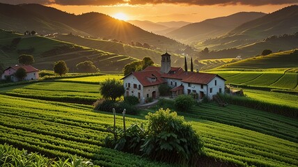 Landscape photograph capturing a lush agricultural scene at sunset.