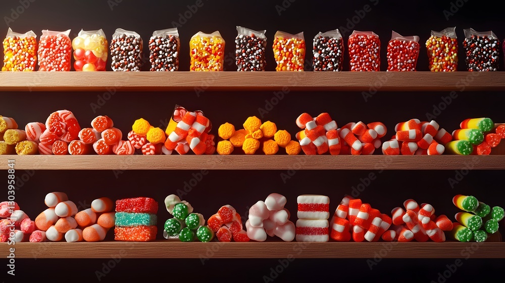 Poster colorful shelf displayed with an array of assorted candy varieties including gummies, chocolates, an