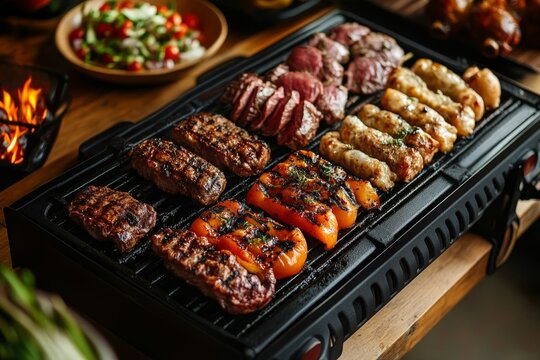 Argentinian asado grill loaded with varied meats and glowing embers of the parilla
