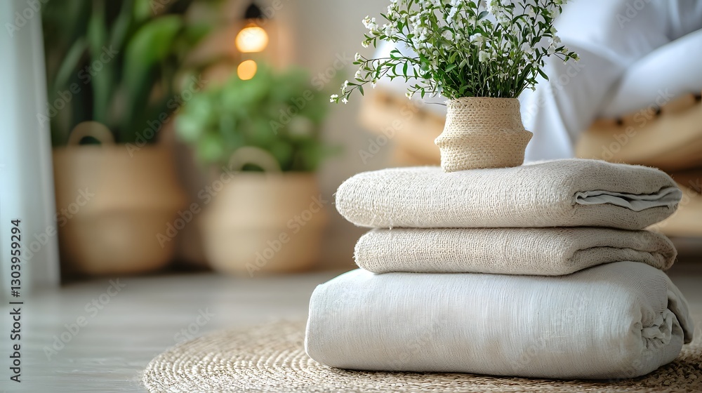 Poster neatly stacked towels and a green plant together creating a spa-like atmosphere in a relaxing space