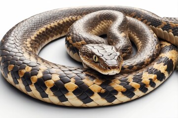 Close-up of a coiled snake with black and tan scales on a white background.