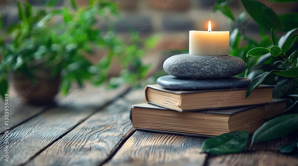 Poster tranquil candle and stack of books on a table creating a cozy and inviting atmosphere for relaxation