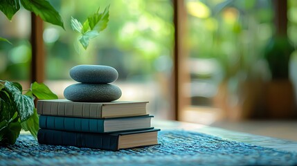 A stack of colorful books and a balanced stack of smooth rocks representing knowledge and nature's harmony