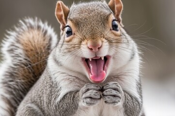 Obraz premium Close-up of a fluffy gray squirrel with mouth open, paws together.