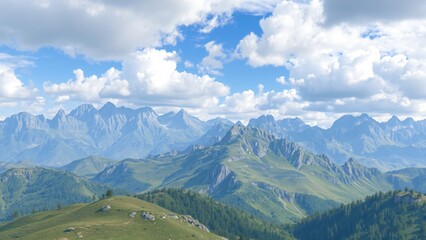 Naklejka premium Panoramic View of Majestic Mountain Range Under a Blue Sky with Fluffy Clouds