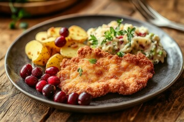 Naklejka premium Delicious plate of crispy schnitzel, potato salad, and cranberries on a rustic wooden table