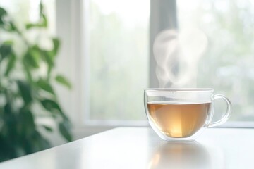 minimalistic stock photo of glass cup filled with herbal tea placed on clean white table near window