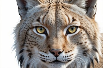 Fototapeta premium Close-up of a lynx's face, showcasing its fur, eyes, and whiskers against a white background.