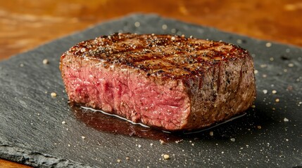 A perfectly grilled steak sits on a slate plate, showcasing a juicy, medium-rare center with a beautifully charred exterior.