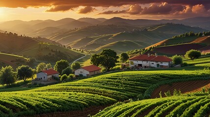 Landscape photograph capturing a lush agricultural scene at sunset.