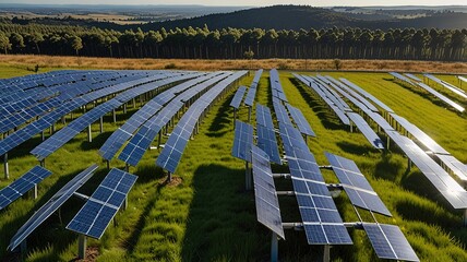Solar farm under a clear blue sky with wispy clouds.