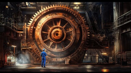 Obraz premium A worker stands before a massive, rusted gear in a dimly lit industrial setting, showcasing the scale and intricacy of machinery.