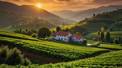 Landscape photograph capturing a lush agricultural scene at sunset.