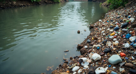 River Industrial Waste Pollution, polluted river scene with murky, greenish water carrying industrial waste and plastic debris.