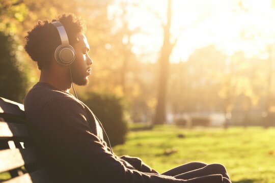 person sitting alone on park bench wearing headphones eyes closed lost in music with sunshine casting warm glow scene
