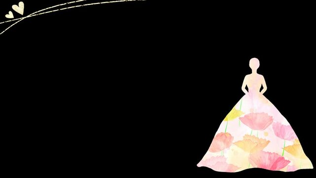 カラフルな花柄のウェディングドレスをまとった花嫁のフローラルフレーム。お祝い向けの華やかな&alpha;付きループアニメーション。