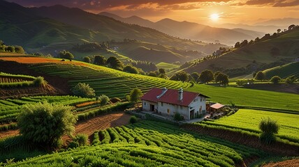 Landscape photograph capturing a lush agricultural scene at sunset.