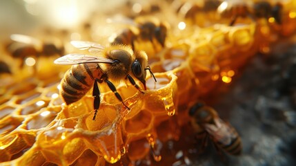 Honeycomb with honey and  honey bees. 
