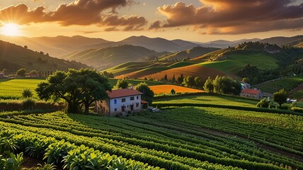 Landscape photograph capturing a lush agricultural scene at sunset.