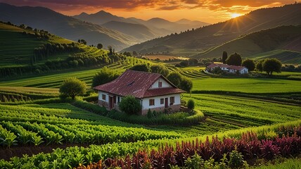 Landscape photograph capturing a lush agricultural scene at sunset.