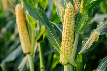 Close up of young corn cobs surrounded by green leaves in a vibrant organic farm setting