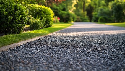 Obraz premium Parkway gravel pathway, garden backdrop, sunlit, tranquil