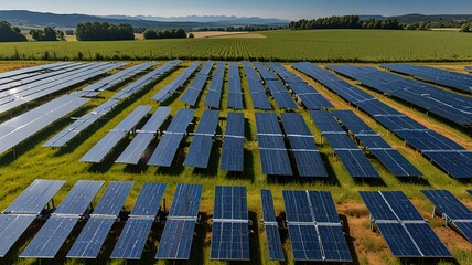 Solar farm under a clear blue sky with wispy clouds.