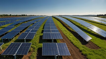 Solar farm under a clear blue sky with wispy clouds.