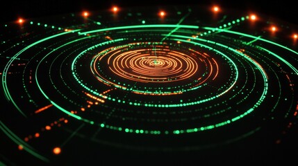 Obraz premium A high-tech digital interface displaying a futuristic radar-style HUD with glowing green and orange circular elements.