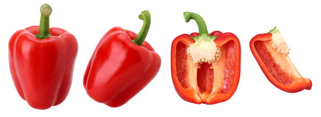 red sweet bell pepper, half and slices isolated, transparent PNG, PNG format, cut out, collection, set