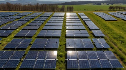 Solar farm under a clear blue sky with wispy clouds.