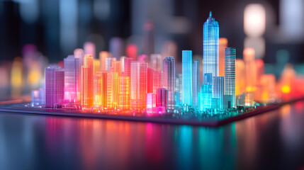 Illuminated cityscape model urban environment 3d visualization technology aerial view