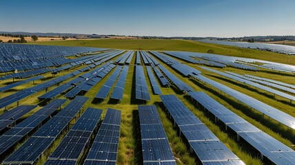 Solar farm under a clear blue sky with wispy clouds.
